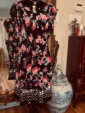 Elle Black Midi Dress with Pink Floral and Blue Accents